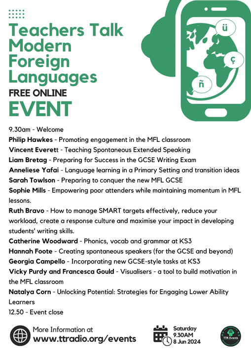 This looks pretty mint if you are an MFL teacher. It's this Saturday and you can access live + the recording (for free) on this link <a href="/TTRmfl/">Teachers Talk MFL</a>: streamyard.com/watch/XgKjWeZT…