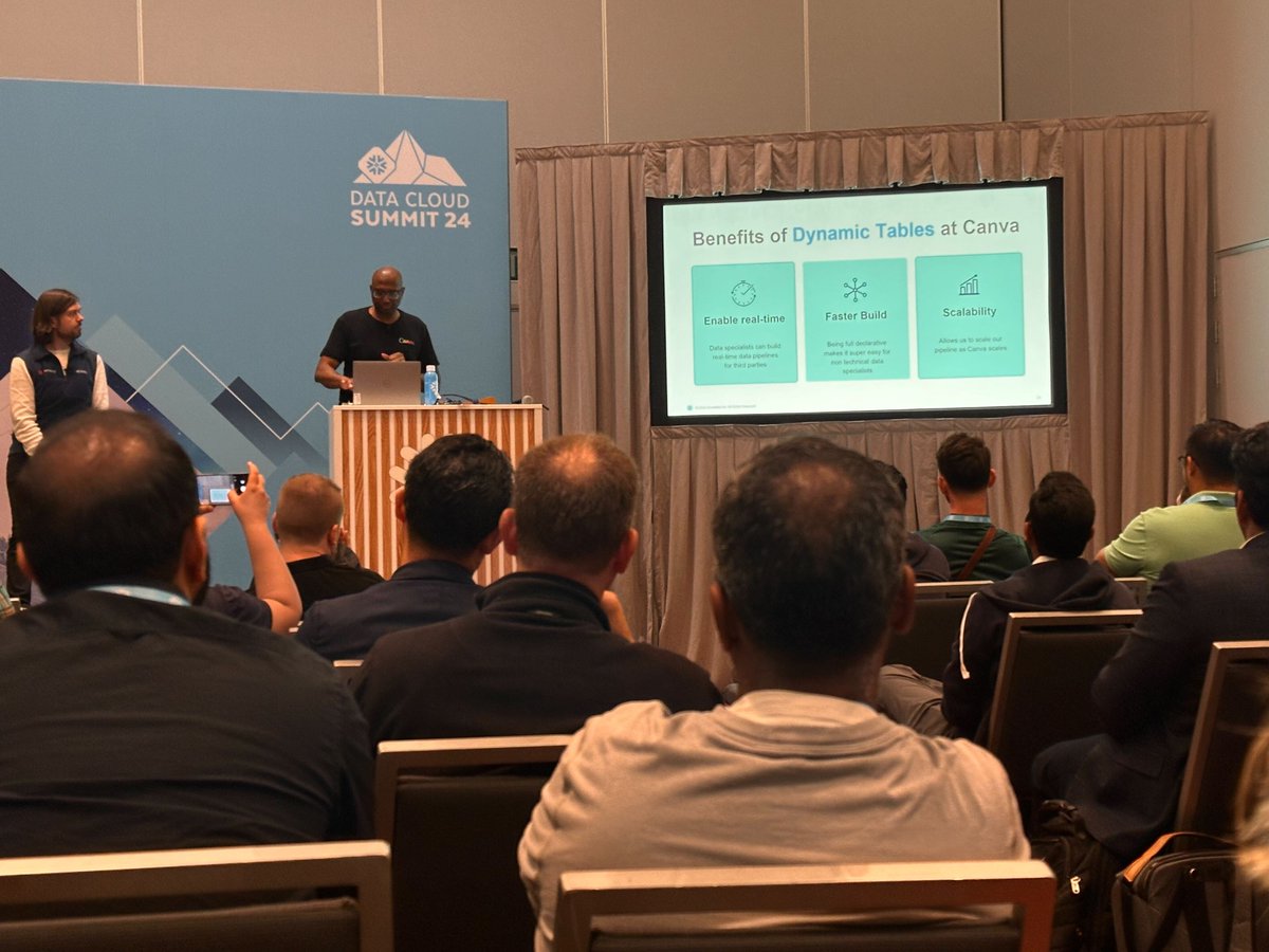 census's tweet image. Just wrapped up an incredible breakout session with Krishna Naidu, Data Platform Lead at @canva π Tons of audience engagement and questions!
Canva uses @SnowflakeDB's new Dynamic Tables to unify & transform data and deliver personalized messaging over 50x faster than before β‘οΈ