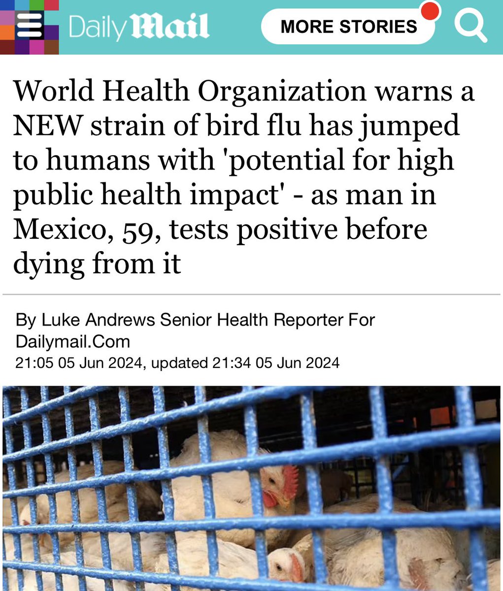 JamesMelville's tweet photo. “A new strain of bird flu has jumped to humans in an event that has 'potential for high public health impact', the World Health Organisation has warned.”
And so it begins… https://t.co/GrPrA0Cv3K