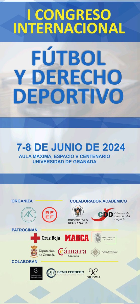 Los días 7 y 8 de junio en Espacio V Centenario <a href="/CanalUGR/">Universidad Granada</a> tendrá lugar Congreso Internacional Derecho y Fútbol organizado por <a href="/akcoachesworld/">AK Coaches World</a> <a href="/Karanka/">Aitor Karanka</a> <a href="/jmfdeztorres/">jmfdeztorres</a> y con la colaboración académica <a href="/CatedraUgr/">Cátedra de Derecho del Deporte UGR</a>