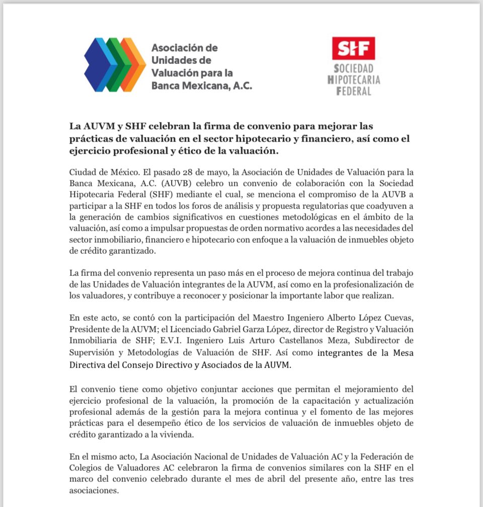 auvbm11's tweet photo. La AUVM y SHF celebran la firma de convenio para mejorar las prácticas de valuación en el sector hipotecario y financiero, así como el ejercicio profesional y ético de la valuación, el pasado 28 de mayo. https://t.co/3urB9NyO1t