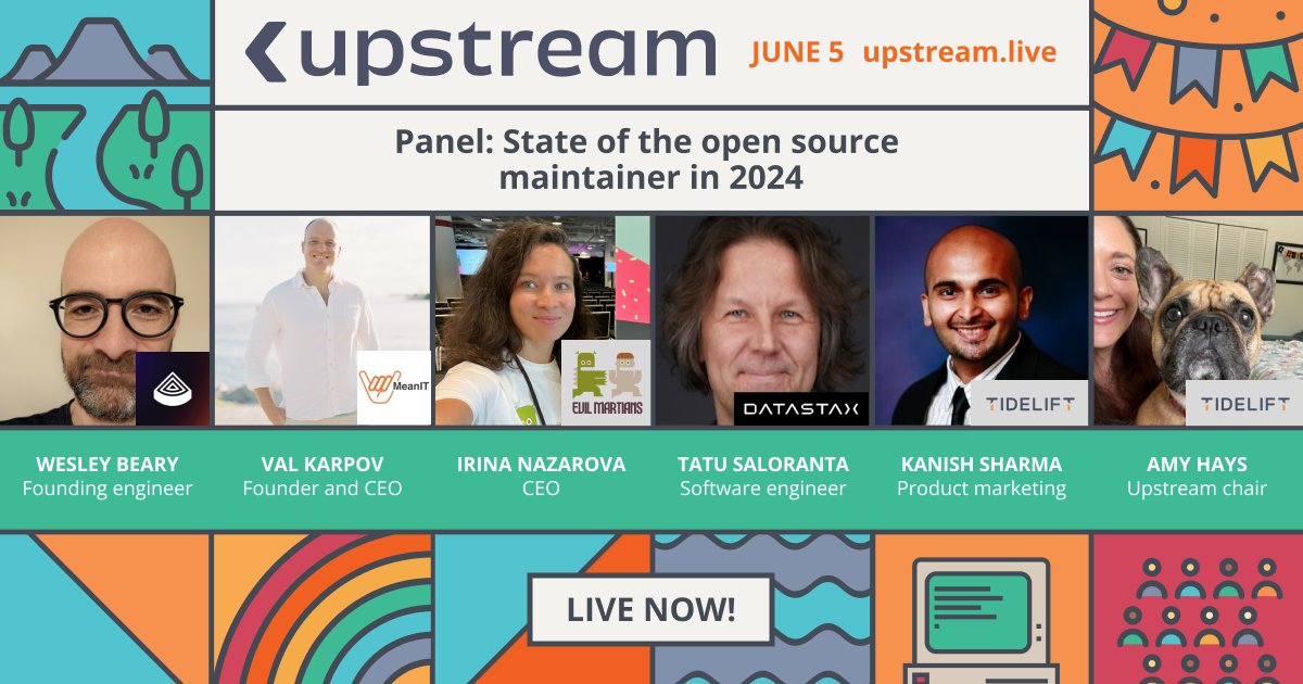tidelift's tweet photo. Our much anticipated #Upstream2024 maintainer state of the union is starting now! 📣
Hear about life as an open source maintainer in 2024 from: @cowtowncoder, @geemus, @inazarova, and @code_barbarian.
Join the conversation: https://t.co/QTSRzGWlLd https://t.co/juG6nHIOLx