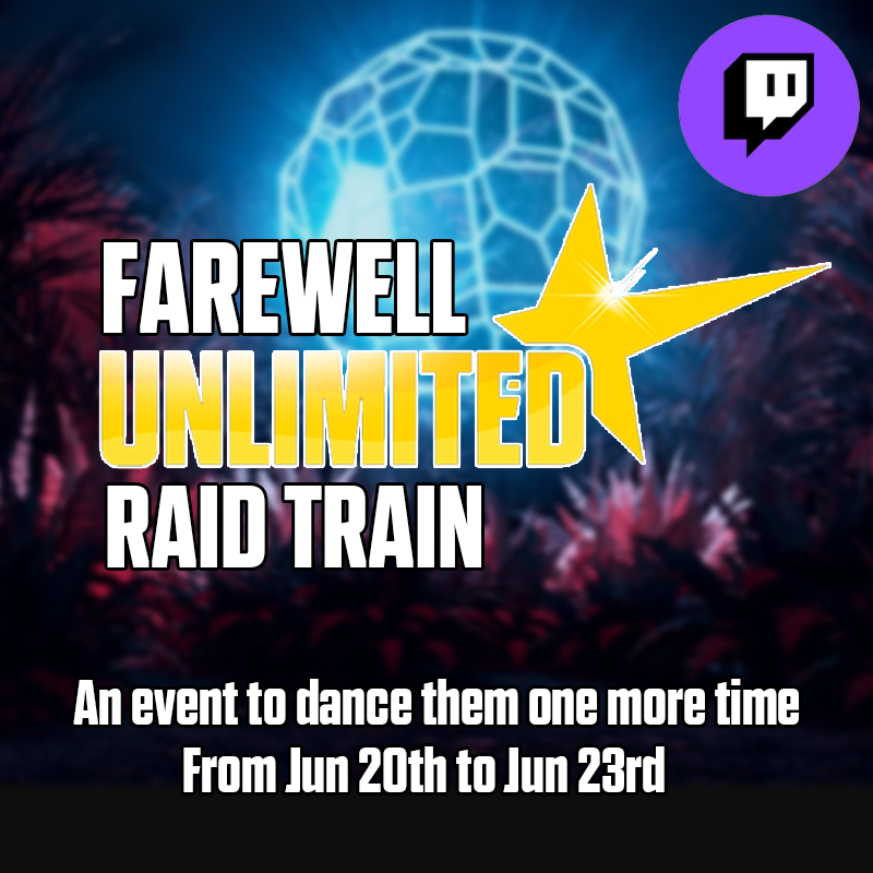As Just Dance Unlimited will lose 200+ maps in August, I thought it would be great to do something to say goodbye to all of them. Join 50+ Just Dance Streamers from June 20th to June 23rd on Twitch for the "Farewell Unlimited" Raid Train! 😁
Full schedule below in PDT