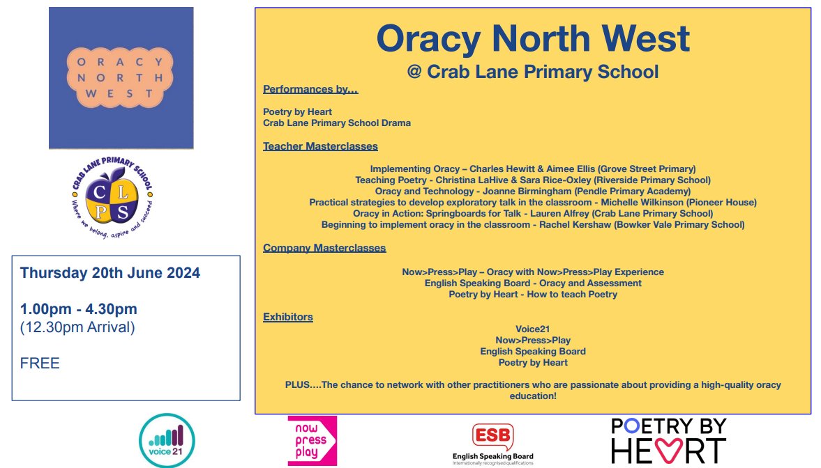 Oracy North West (@oracynorthwest) on Twitter photo We are delighted to welcome you to the next Oracy North West Event on Thursday 20th June. The event is FREE! If you would like to attend, please contact Crab Lane Primary School, Manchester.
<a href="/CrabLanePrimary/">Crab Lane Primary School</a> <a href="/PrimaryGrove/">Grove Street Primary School</a> <a href="/voice21oracy/">Voice 21 Oracy</a> <a href="/poetrybyheart/">Poetry By Heart</a> <a href="/ESBUK/">English Speaking Board (International) Ltd.</a> <a href="/nowpressplay/">nowpressplay</a> We are delighted to welcome you to the next Oracy North West Event on Thursday 20th June. The event is FREE! If you would like to attend, please contact Crab Lane Primary School, Manchester.
<a href="/CrabLanePrimary/">Crab Lane Primary School</a> <a href="/PrimaryGrove/">Grove Street Primary School</a> <a href="/voice21oracy/">Voice 21 Oracy</a> <a href="/poetrybyheart/">Poetry By Heart</a> <a href="/ESBUK/">English Speaking Board (International) Ltd.</a> <a href="/nowpressplay/">nowpressplay</a>