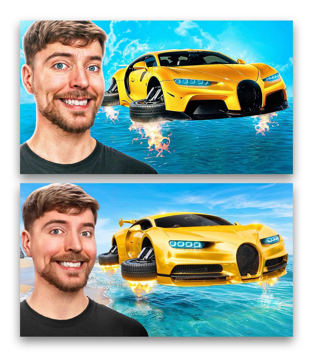 After spending 2 hours designing, I managed to recreate this Mr. Beast thumbnail. It's not 100% identical, but I'm happy with the result. Let me know if you want a tutorial on how I did it!