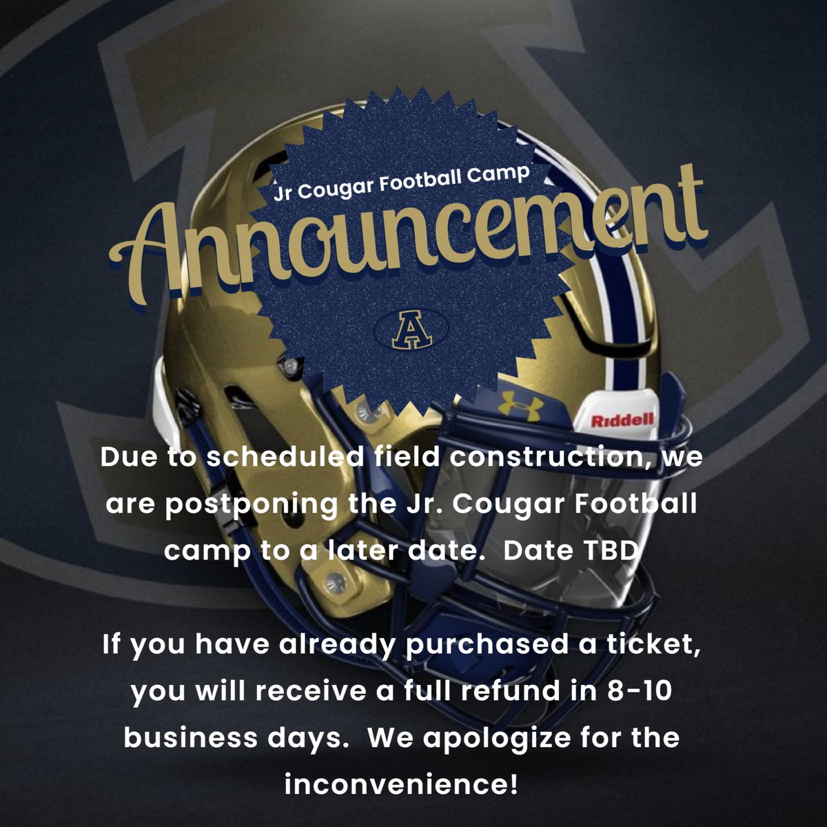 Due to the scheduled field reconstruction, the Jr. Cougar Football Camp is postponed!  We will set a date as soon as possible!

#bluecollargoldstandards