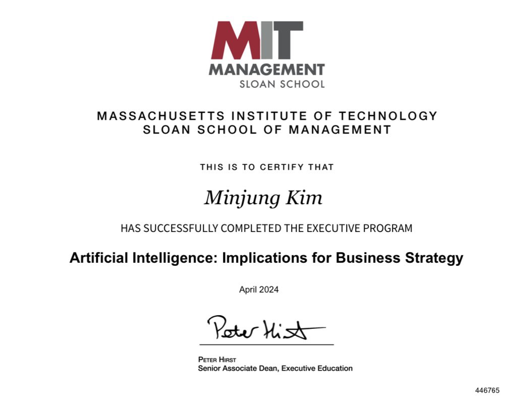 mkim55's tweet photo. I'm thrilled to share that I've received my certificate in "AI: Implications for Business Strategy" from MIT School of Management! Ready to apply AI management in my future research! 🤓 Anyone want to join?? https://t.co/7InyCxIsPd