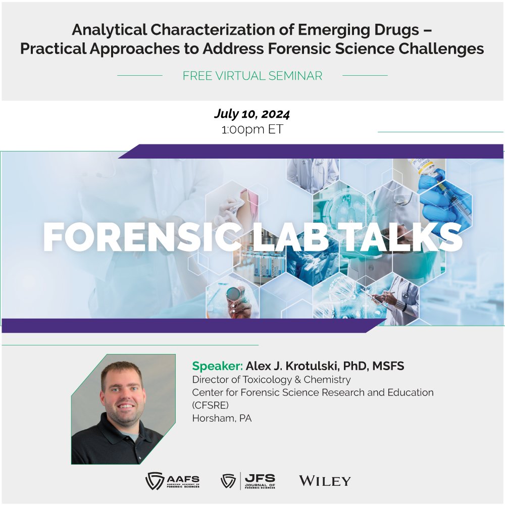 American Academy of Forensic Sciences (@the_aafs) on Twitter photo The seventh #JFS #ForensicLabTalks seminar has a NEW live broadcast date! Dr. <a href="/alexkrotulski/">Alex J Krotulski, PhD</a> will now be presenting on the “Analytical Characterization of Emerging Drugs,” on July 10.
Learn more: aafs.org/article/jfs-an… The seventh #JFS #ForensicLabTalks seminar has a NEW live broadcast date! Dr. <a href="/alexkrotulski/">Alex J Krotulski, PhD</a> will now be presenting on the “Analytical Characterization of Emerging Drugs,” on July 10.
Learn more: aafs.org/article/jfs-an…