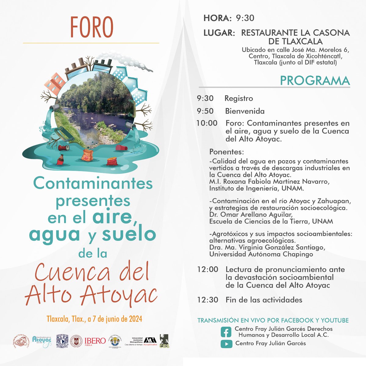 Frayjulian_dh's tweet photo. 📣 Les invitamos al Foro "Contaminantes presentes en el aire, agua y suelo de la Cuenca del Alto Atoyac". ⚠️💧🌬️🌱

📌 7 de junio 2024
📍 Restaurante La Casona de Tlaxcala  https://t.co/RSdj7HsXfM
⏰ 9:30 a 12:30 HRS.
🔴 EN VIVO Facebook y YouTube Centro Fray Julián Garcés https://t.co/DGSNKhxSy2