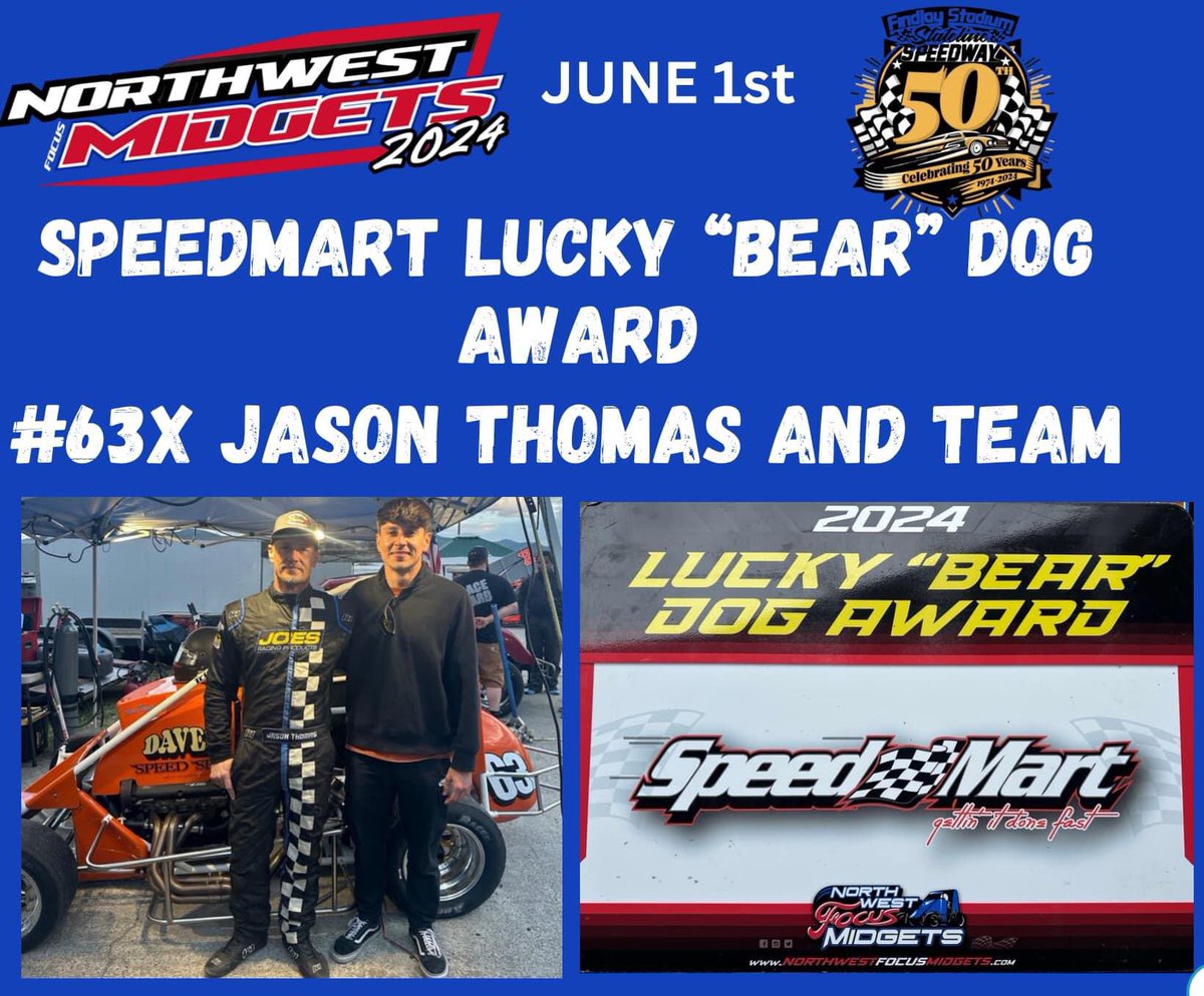 The SpeedMart Sprint Car &amp; Mini Sprint Parts Online Store Lucky “BEAR” Dog Award went Saturday night to #63x Jason Thomas at Findlay Stadium Stateline Speedway 🏁