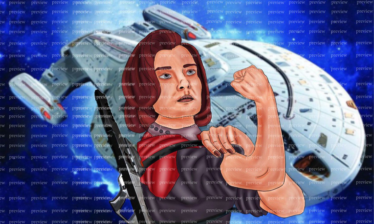 Talinamcdaneil's tweet photo. Captain Janeway in the Iconic 'We Can Do It' Pose with Voyager in the Background. https://t.co/rqZen0sj9s