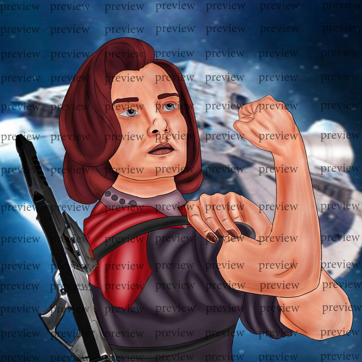 Talinamcdaneil's tweet photo. Captain Janeway in the Iconic 'We Can Do It' Pose with Voyager in the Background. https://t.co/rqZen0sj9s