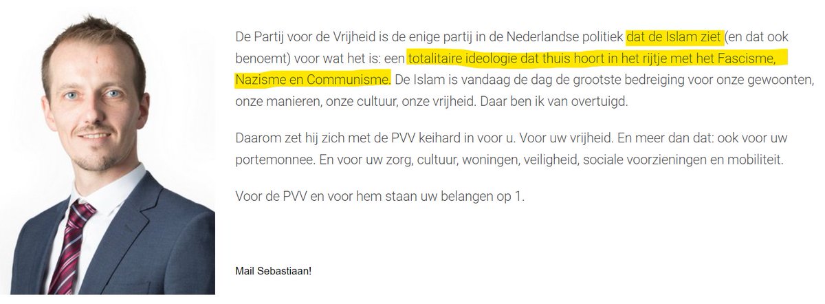 Mocht je na het debat vanavond denken: "Die lijsttrekker van de PVV lijkt me best een redelijke vent"

Verwijs ik graag door naar zijn bio op de PVV website: 

"Islam hoort thuis in het rijtje met het Fascisme &amp; Nazisme". 

Niet normaal maken wat niet normaal is.