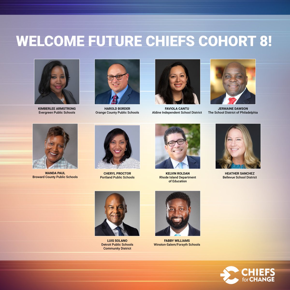 chiefsforchange's tweet photo. ✨ NEWS✨ Today we announced that 10 new emerging K-12 leaders are joining Cohort 8 of our Future Chiefs leadership development program! Chiefs for Change is committed to building the pipeline of bold, talented, and diverse K-12 leaders. Read more: https://t.co/XkL1IJ8bpT https://t.co/6QNElIDXte