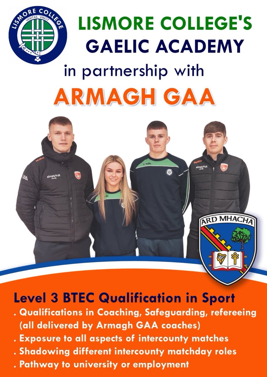GaryMBrennan's tweet photo. Lismore College's GAA Academy 

We are delighted to invite prospective Year 13 students for September 2024 to an information evening about our new GAA Academy in partnership with @Armagh_GAA .

We look forward to welcoming you on Monday 17th June at 6pm in Lismore College. https://t.co/nWx74uArMJ