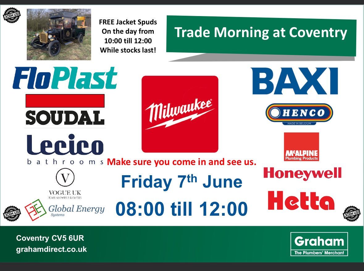 ** Trade Day **

10 manufacturers- new products, training courses and crazy deals on the day. Lots of freebies too! Come and see us from 08:00 <a href="/mcalpineplumb/">McAlpine Plumbing Products</a> <a href="/baxiboilers/">Baxi UK & Ireland</a> <a href="/FloPlast_/">FloPlast Ltd</a> <a href="/LecicoBathrooms/">Lecico Bathrooms</a> <a href="/soudal_uk/">Soudal UK</a> <a href="/ResideoProUK/">Resideo Pro UK</a> <a href="/MilwaukeeTool/">Milwaukee Tool</a>