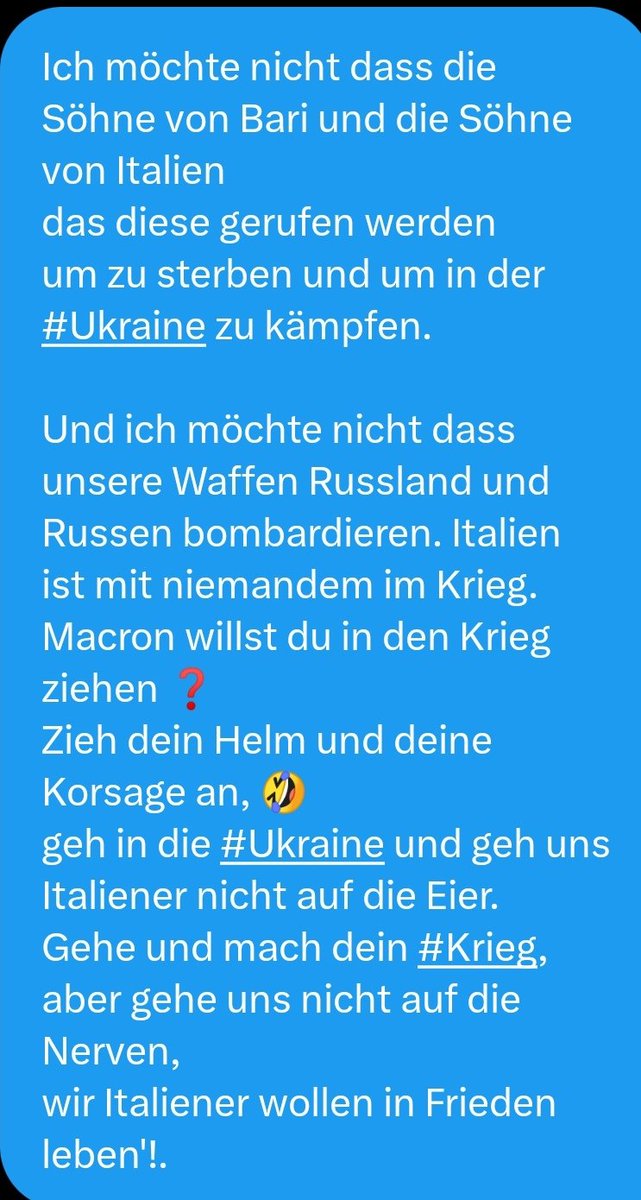 pizzaital's tweet photo. ...
🔹#Italy #Italien #Italia 🇮🇹

‼️#Salvini vs. #Macron‼️

[#UkraineRussiaWar #Ukraine #Ucraina #Russia #Russland]

🔹(@matteosalvinimi)

🔸#Tweet/#Post 
🔸[1~5 Untertweet]

     ⏬
https://t.co/5ELhyOI8Ll
     ⏫

Hier die komplette Rede von #Salvini, von mir 1:1 übersetzt.⤵️ https://t.co/LcZLKWHQ0u