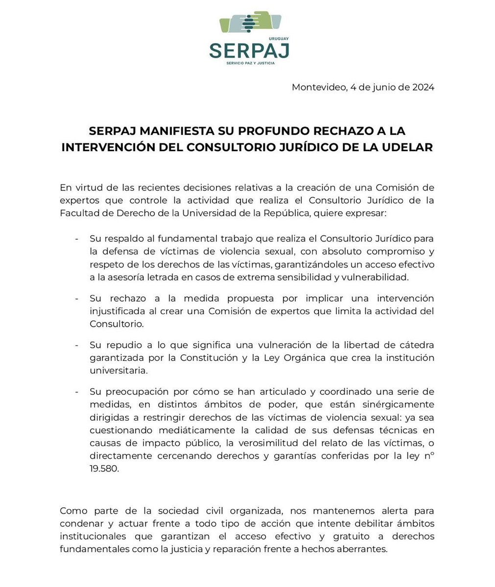 En virtud de las recientes decisiones relativas a la creación de una comisión de expertos que controle la actividad que realiza el Consultorio Jurídico de la Facultad de Derecho de la Universidad de la República, expresamos 👇🏻