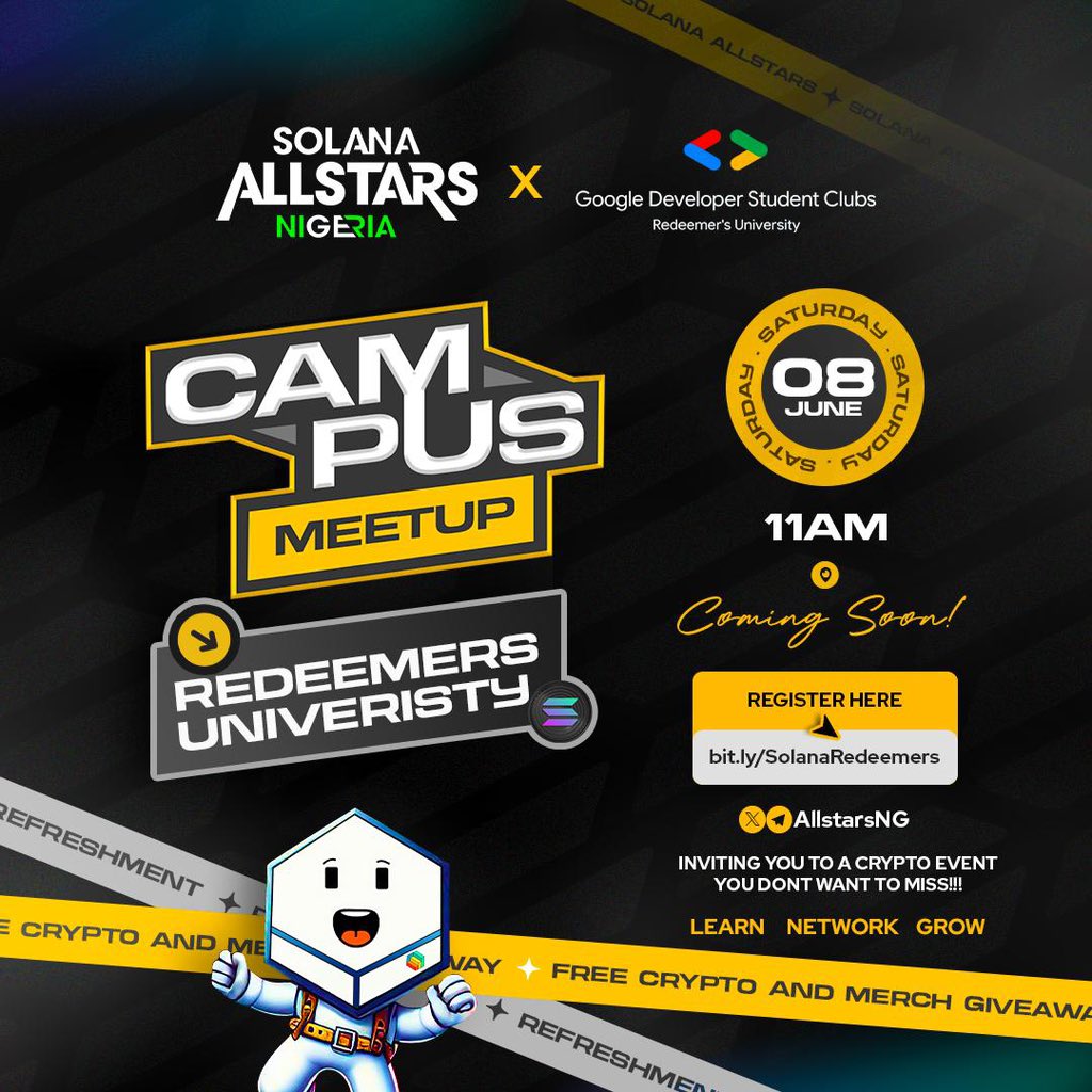 GDSCRUNCHAPTER's tweet photo. GDSC RUN Chapter × Solana All Stars
Nigeria have cooked and are ready to serve 🥁

On June 8th, we're inviting you to a Campus Meetup at Sapetro RUN, where we'd explain in detail what blockchain
technology is, how it works, what TapSwap is 👀 and what you're actually tapping https://t.co/dRilrCP7CR