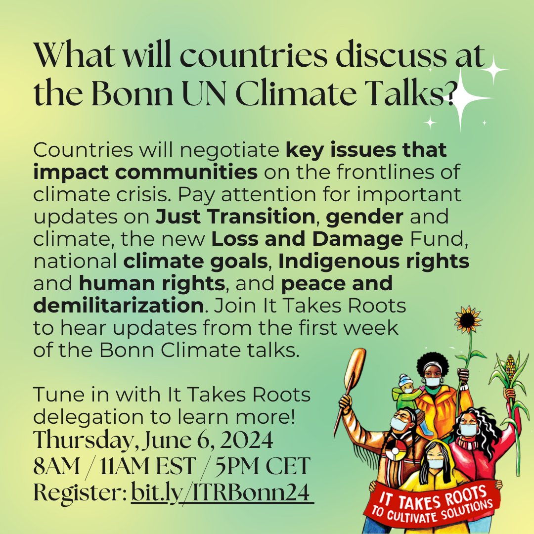 jtalliance's tweet photo. TOMORROW, It Takes Roots will report LIVE from UN Climate Talks in Bonn, Germany.

Our Executive Director, José Bravo, will be participating as one of the panelists to discuss environmental justice and the key issues of the climate crisis.

Register here: https://t.co/Q5ivjTqs3P https://t.co/Cu8Wtia5E6