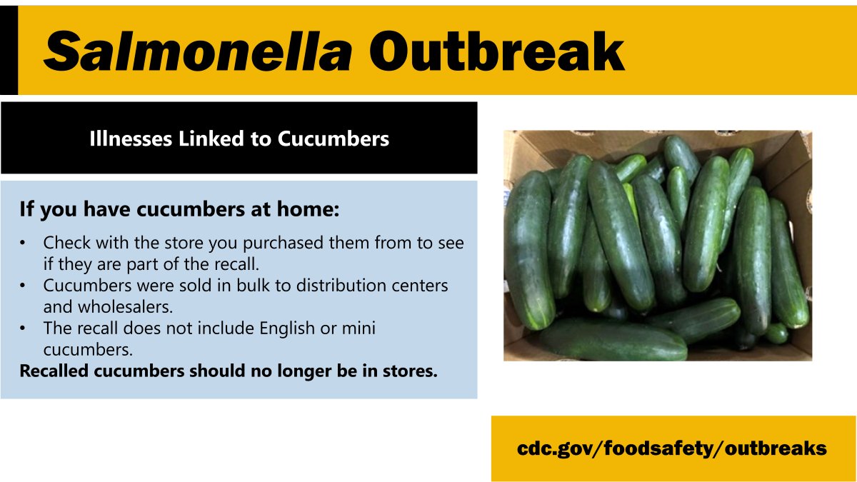 CDCgov's tweet image. SALMONELLA OUTBREAK: 162 people are sick in 25 states and the District of Columbia. Do not eat recalled cucumbers. Investigators are working to collect more data to see if other cucumbers are affected. 

Learn more about this outbreak: bit.ly/3VvchQa
