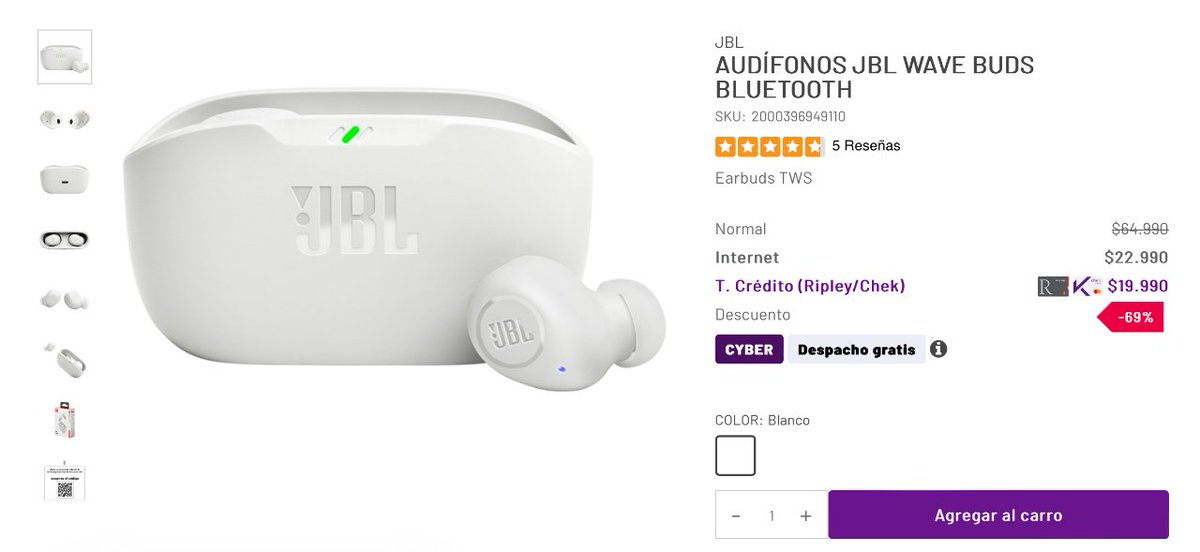 DescuentosRata's tweet photo. #CyberRata 🎧 Audifonos JBL Wave Buds bajaron a $19.990 pagando con tarjeta en Ripley.

➡️ https://t.co/Ymn4BwaPWG https://t.co/gL8URBXG20