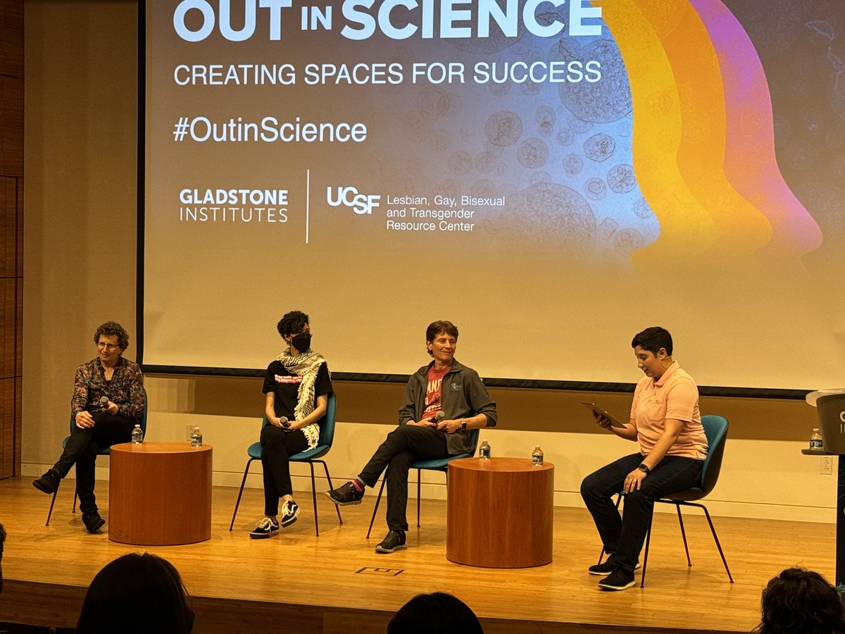 benoitbruneau's tweet photo. @GladstoneInst’s #outinscience event is on, with Joanne Engel from @ucsf, Chandra Prescott-Weinstein @IBJIYONGI (astrophysicist and author) from University of New Hampshire, and @CarolynBertozzi from @Stanford and @HHMINEWS https://t.co/Nk9fUxOw2T