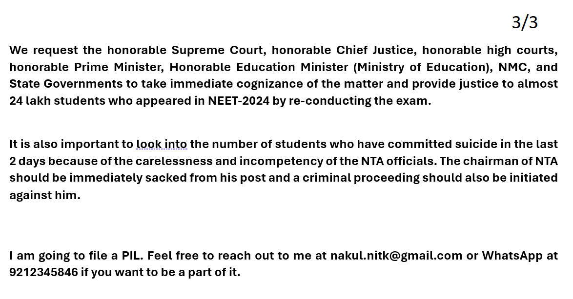 We have found out the reason why a student who got 650 marks got a rank of 29000 in NEET-2024 however on the same marks the rank in NEET-2023 was 7225.

webapi.sci.gov.in/supremecourt/2…

<a href="/narendramodi/">Narendra Modi</a> <a href="/NMC_IND/">National Medical Commission</a> <a href="/NTA_Exams/">National Testing Agency</a> <a href="/SupremeCourtIND/">Supreme Court India</a> 
#NEET_परीक्षा_परिणाम #NEET #Neet_paper_रद्द_करो