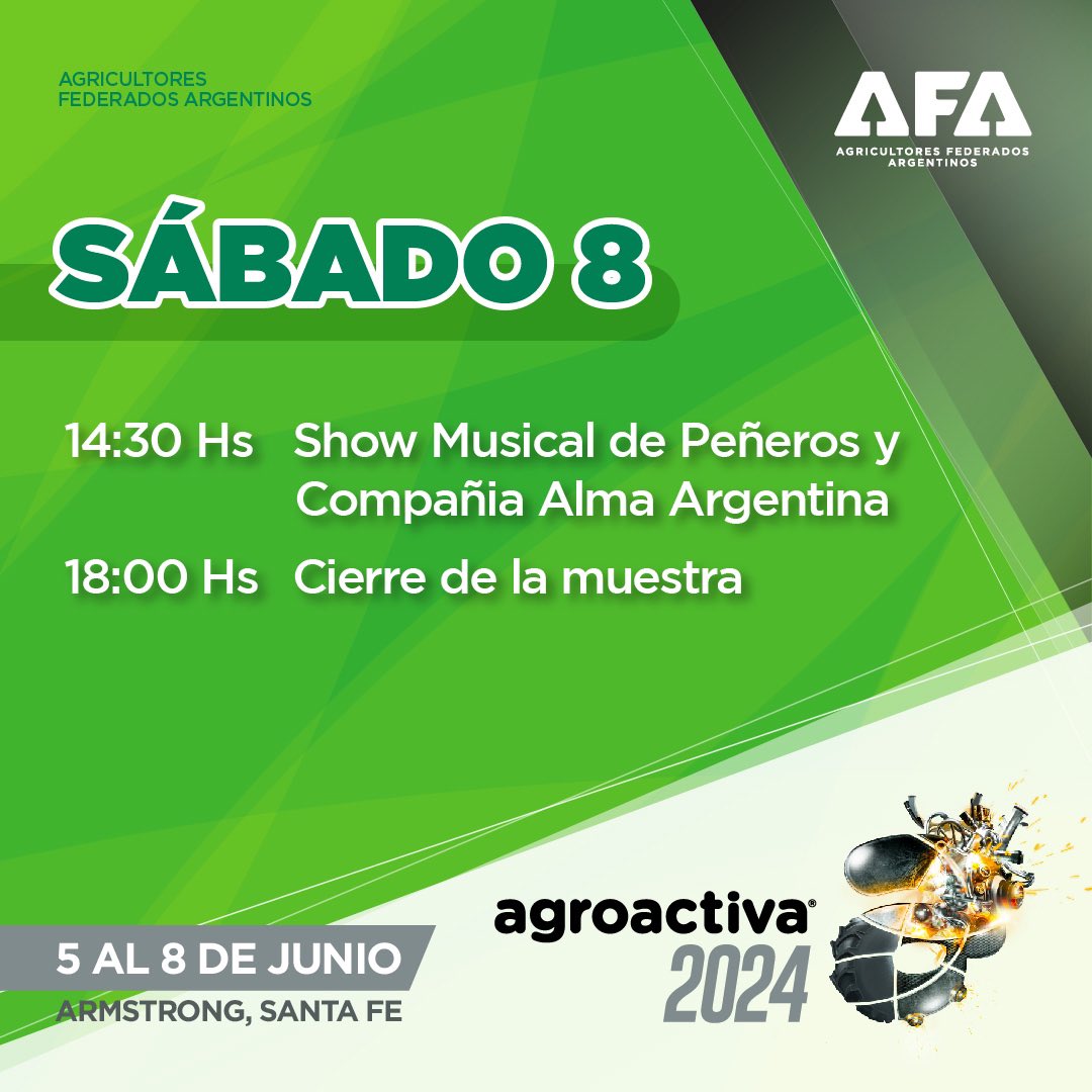 AFASCL's tweet photo. Arrancó #Agroactiva2024 y tenemos un montón de propuestas para vos 😎👉 Deslizá y conocé nuestro programa de actividades!
📍¡Nos vemos en el stand 314 B!
#Agroactiva #AFASCL #AFA90 #Campo #RematesAFA #CampoArgentino https://t.co/dOdkYFP9D3