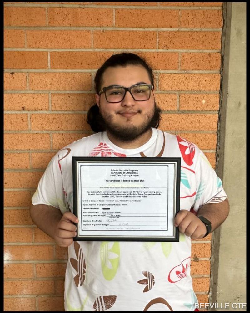 Beeville CTE Law Enforcement student Zachary passed the Texas Department of Public Safety Non-Commissioned Security Officer Level II industry training and exam during the 2023-24 school year!  Congratulations on your success and this important step toward your future!