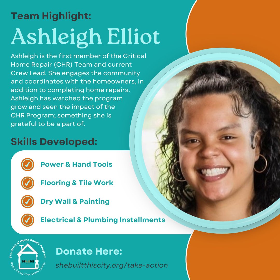 SheBuilThisCity's tweet photo. Introducing Ashleigh! Our Crew Leader and the first team member of the #CriticalHomeRepair program. Ashleigh’s passion for giving back ensures successful repairs and lasting community relationships. Support Ashleigh’s work at https://t.co/wIoONLF91G. #rebuildthecommunity https://t.co/9AKp22R0AL