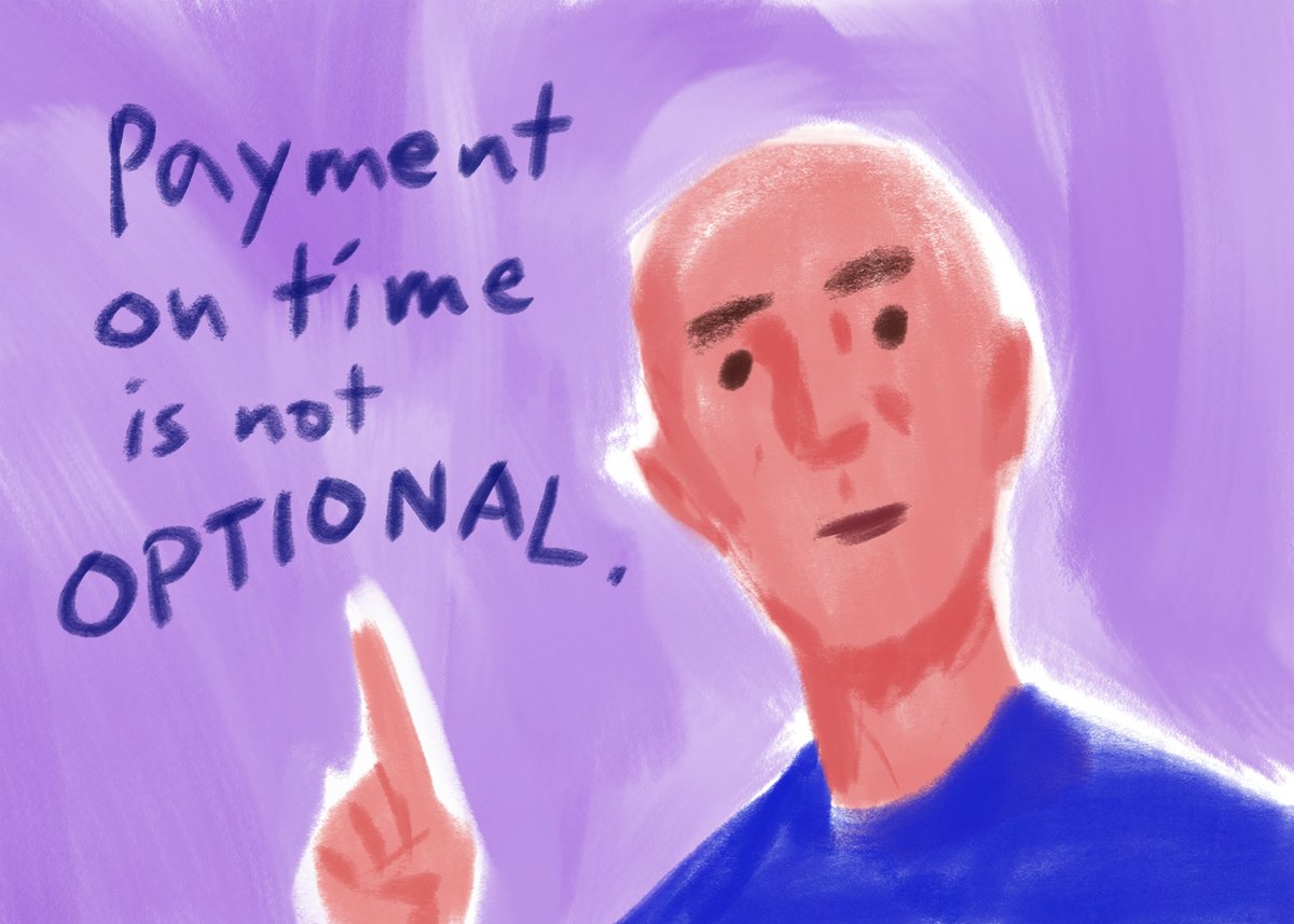 A contract is between TWO parties. TWO.
If the ARTIST is to receive payment within 30 days of delivering the work, according to the CONTRACT, then that $ better be in the artist's hands on that 30th day or it is late. And that's INFRINGEMENT. 
Illustrators need a union.