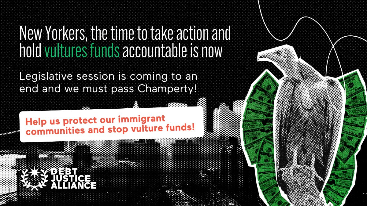 popdemocaction's tweet photo. The New York legislative session is coming to an end: Let’s hold vulture funds accountable together.
#Champerty could make unlawful for vulture funds to use New York law to profiteer from the distressed debt of struggling countries.
Take action: https://t.co/wiMRFxNmSH 🤝💥 https://t.co/EMb6PrDIix