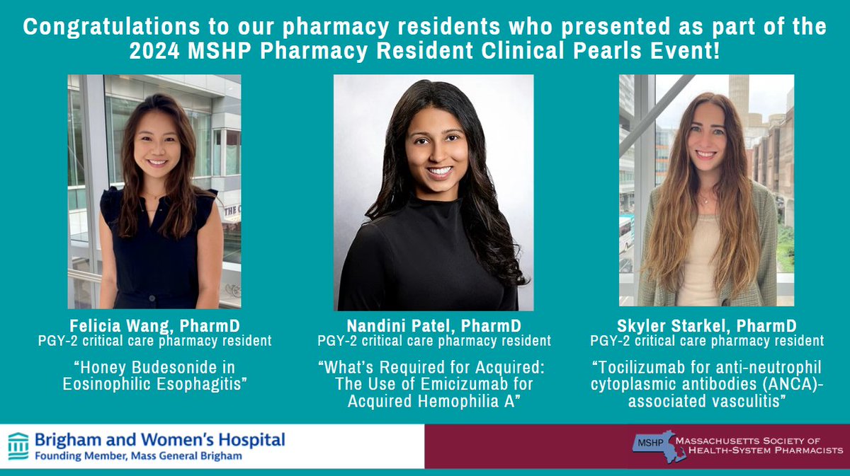 Brigham and Women’s (BWH) Pharmacy Department (@brighampharmacy) on Twitter photo Shout out to three of our residents (<a href="/felicialeesha27/">Felicia Wang</a>, <a href="/nandini2098/">Nandini Patel</a>, <a href="/skylerstarkel/">Skyler Starkel</a>) who were selected to present as part of the <a href="/MAPharmacists/">MASHP</a> Pharmacy Resident Clinical Pearls session this afternoon!! #TwitteRx #PharmRes 🤩 Shout out to three of our residents (<a href="/felicialeesha27/">Felicia Wang</a>, <a href="/nandini2098/">Nandini Patel</a>, <a href="/skylerstarkel/">Skyler Starkel</a>) who were selected to present as part of the <a href="/MAPharmacists/">MASHP</a> Pharmacy Resident Clinical Pearls session this afternoon!! #TwitteRx #PharmRes 🤩