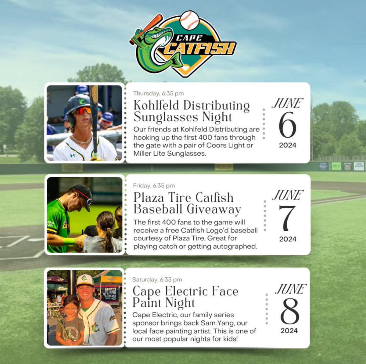 CapeCatfish's tweet photo. UPCOMING EVENTS!!!
Come see what everyone is talking about! Weโve got a busy next three days, find out all about it at Capaha starting tomorrow!
#baseballisbetter | #CatchUsAtCapaha https://t.co/gzwEt3QaGi
