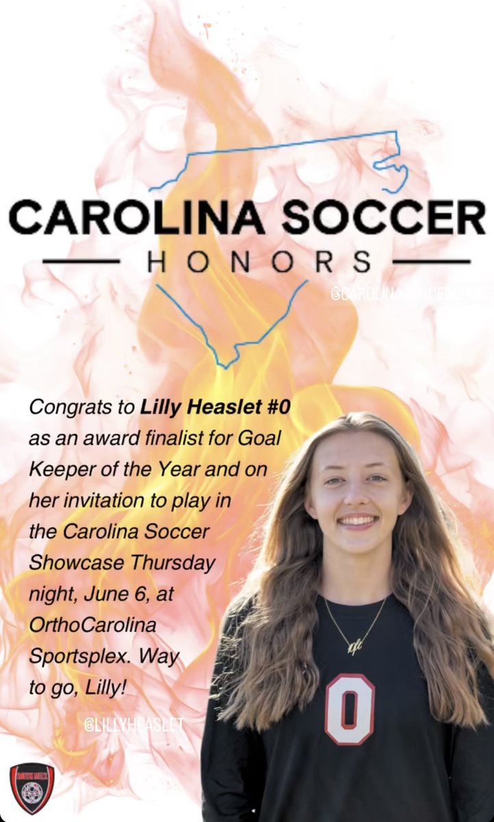 HeasletLilly's tweet photo. Thank you @CSoccerHonors for selecting me as a finalist for Goal Keeper of the Year and to play in their showcase tomorrow! I’m honored and grateful for this opportunity, and can’t wait to represent Carolina Soccer Honors tomorrow! https://t.co/wVu9ZFQ0mk