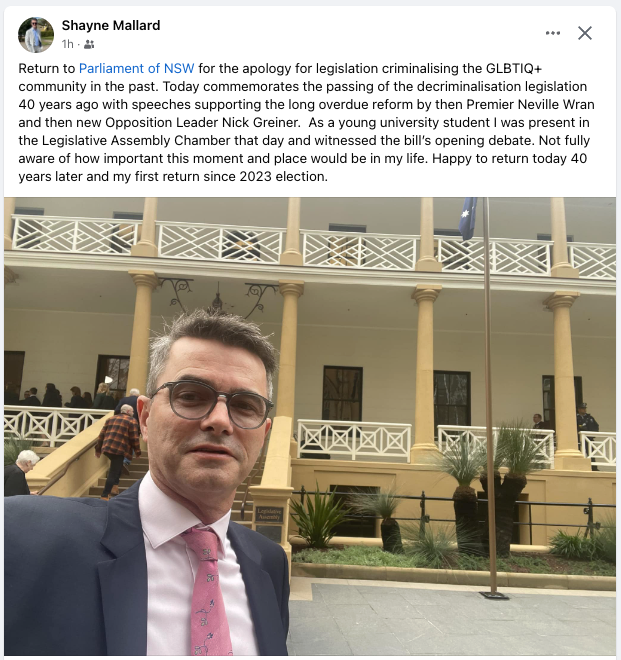 Former MLC Shayne Mallard was present for today's apology, and 40 years ago when, Premier Neville Wran and then Opposition Leader Nick Greiner passed the decriminalisation legislation.