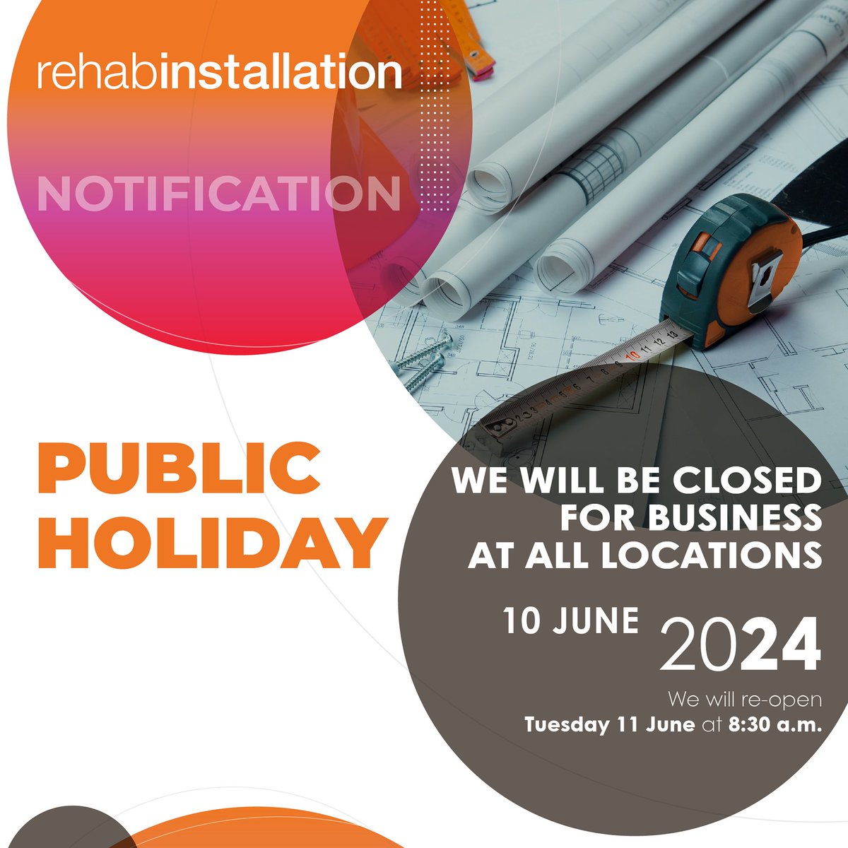 RehabInstall's tweet photo. We will be closed for business on Monday 10 June 2024 for the public holiday and will re-open Tuesday 11 June at 8:30am. Enjoy your long weekend!

#RegisteredNDISProvider
#HomeModifications
#MobilityRamps
#WheelChairAccessible
#CommunityOT
#OccupationalTherapy
#AgedCareAustralia https://t.co/k7vhVzvwN6