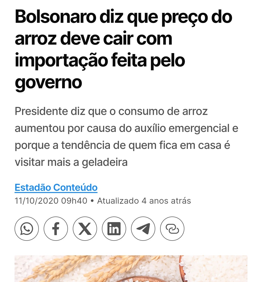 A Justiça acolheu um pedido do Partido Novo para suspender o leilão da Conab que iria importar 300 mil toneladas de arroz, devido às inundações no Rio Grande do Sul.

Sabe quem anunciou a importação de 400 MIL toneladas de arroz em 2020, e não teve gritaria bolsonarista?