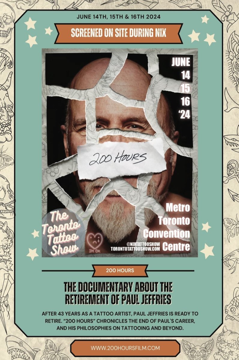 The film 200 HOURS documenting the life of legendary Canadian tattooer Paul Jeffries will be screened all weekend long during the Toronto Tattoo Show| NIX
June 14 - 16 2024 at the MTCC Toronto | Ticket link in bio #toronto #torontoevents  #tattoo #tattoohistory  #tattooconvention