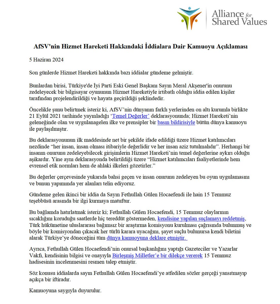 AfSV'nin Hizmet Hareketi Hakkındaki İddialara Dair 5 Haziran 2024 Tarihli Kamuoyu Açıklaması shorturl.at/uPgWe