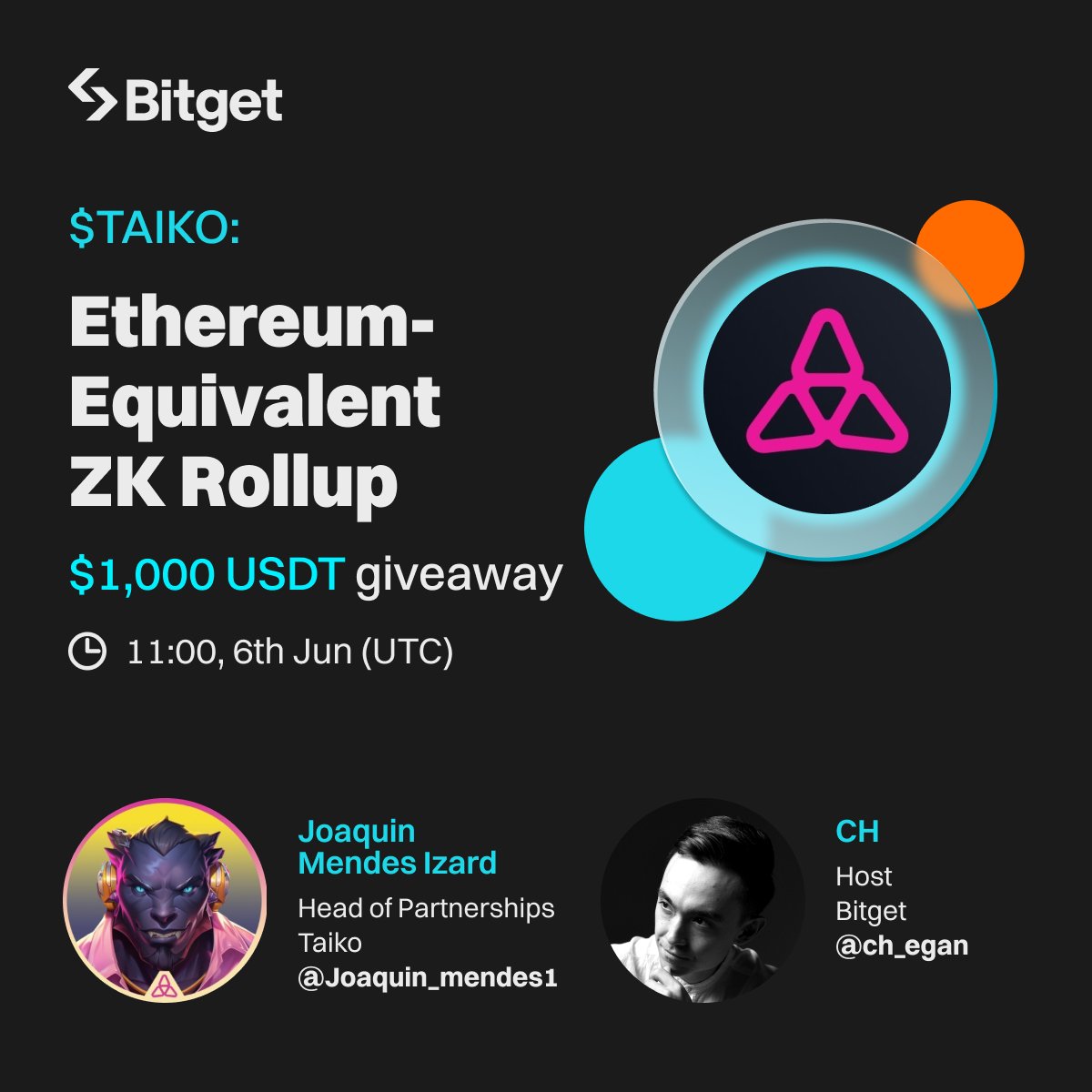 bitget's tweet photo. Join our upcoming X Space with @Joaquin_Mendes1, Head of Partnerships @taikoxyz $TAIKO.  

🎁 1,000 $USDT giveaway (20 winners)

🔹Follow @bitgetglobal @taikoxyz 
🔹RT & tag your pals 
🔹Set a reminder & join: https://t.co/9NfFg8N1Jb
🔹Fill out: https://t.co/2nvojywooL
