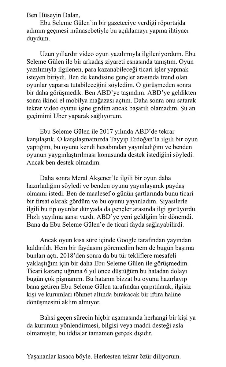 DHuseyin1999's tweet photo. Ben Huseyin Dalan
Ebu seleme Gülenin bir gazeteciye verdiği röportajda adımın geçmesi münasebetiyle bu açıklamayı yapma ihtiyacı duydum https://t.co/8KpROGJhCJ