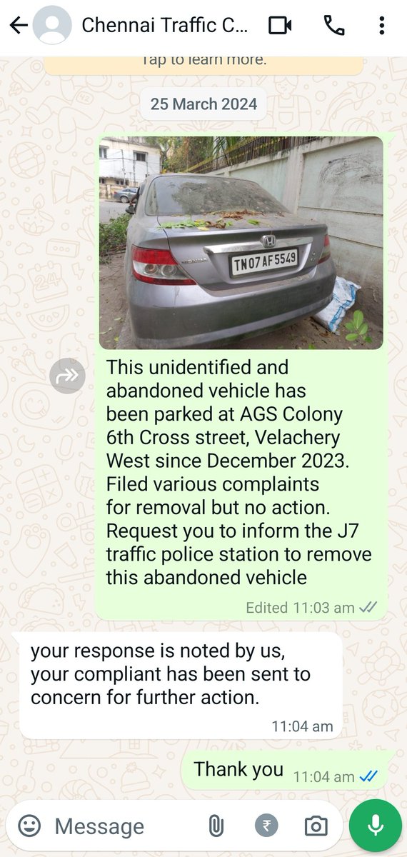 ACRWA2015's tweet photo. @ChennaiTraffic @chennaicorp No action till now. Will you please look into this @ChennaiTraffic . Attaching the SS of whatsapp chat with Chennai traffic complaint  cell 90031 30103. https://t.co/6Zilc6xmBC