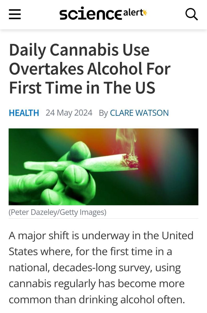 Daily Cannabis Use Overtakes Alcohol For the First Time in The US. In contrast to alcohol,  Cannabis is a better choice though weed can also lead to dependence and several health problems.

sciencealert.com/daily-cannabis…