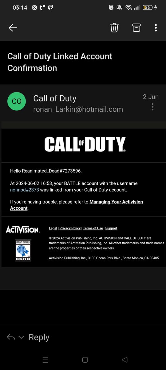 ReanimatedF's tweet photo. Seems my account is now banned because of a hacker. Great job Activision!
@SHGames @Treyarch @RavenSoftware @CallofDuty @Activision @ATVIAssist #callofduty #permaban #hacked #trending #modernwarfare3 https://t.co/pBcYFYUPTx