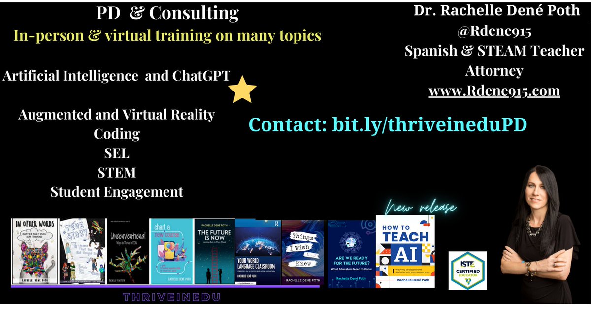 Available for summer &amp; fall. Booking into 2025!   PD, keynotes, &amp; coaching on #AI, AR/VR, #SEL, #STEM, emerging tech &amp; more! Contact: bit.ly/thriveineduPD #education #edchat #edtech #STEM #generativeAI
<a href="/ISTEofficial/">ISTE</a>
@EduMatchbooks <a href="/SEPAECT/">Southeast PAECT</a> <a href="/abc_create/">abccreate</a> <a href="/remakelearning/">Remake Learning</a>