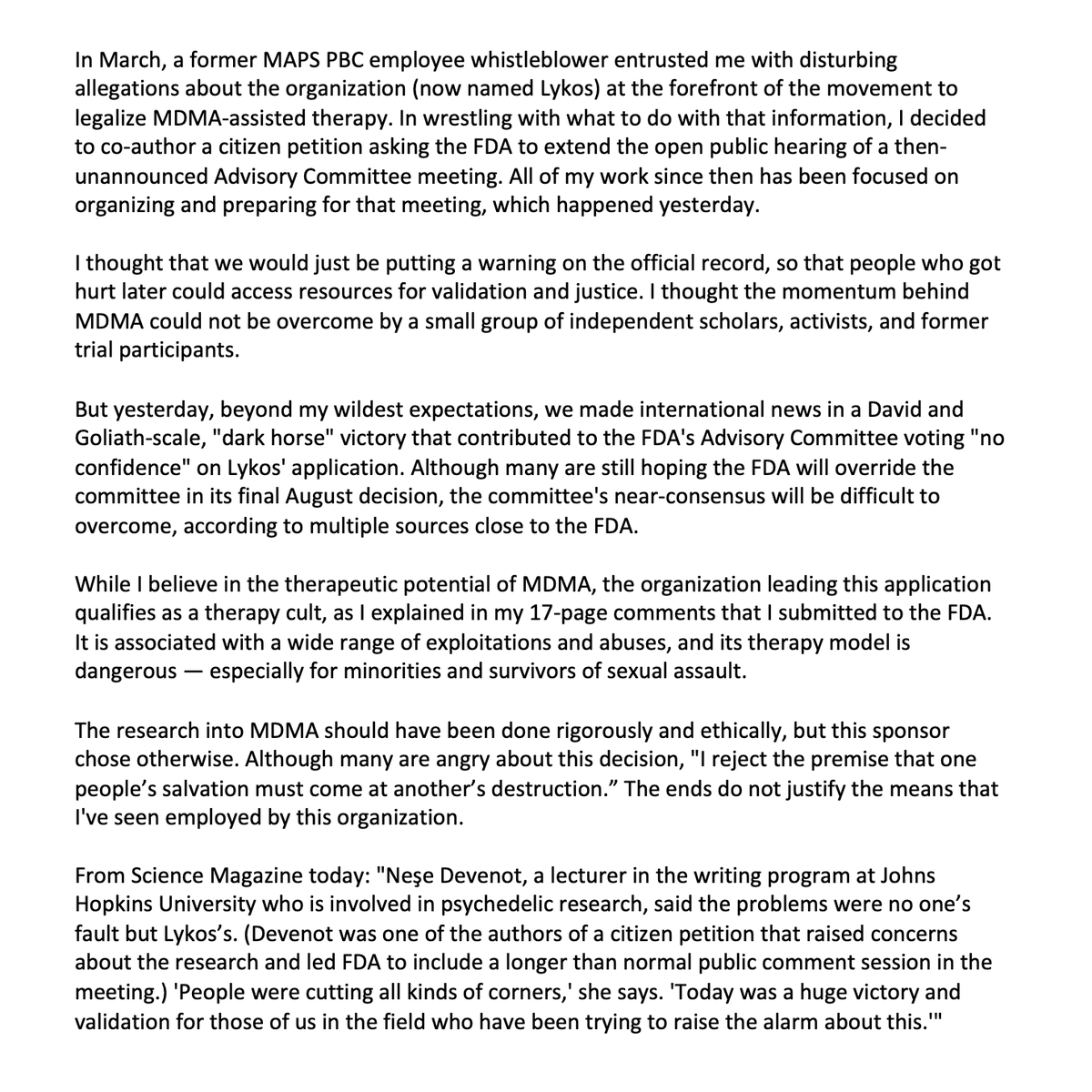 My statement on the FDA Advisory Committee voting against Lykos' MDMA-assisted psychotherapy application.