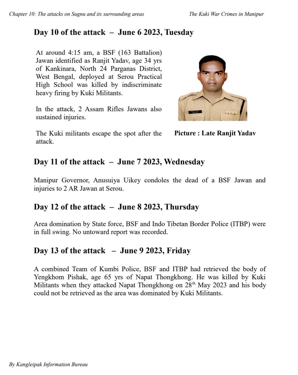yaiphaba07's tweet photo. "On Day 10 of the attack, he was killed"

BSF personnel, Late Ranjit Yadav was killed on 6th June 2023 at #Serou #Manipur after attacked by #UKLF &amp; #KNA(B) #KukiMilitants, during seiged of the area since 28th May 2023.

@BSF_India @UNHumanRights @indSupremeCourt @NBirenSingh @hrw https://t.co/3ABFFqt24R