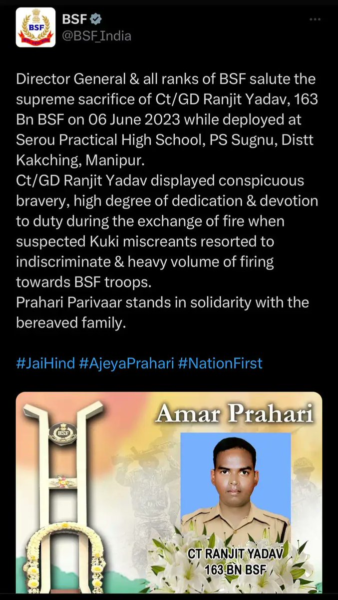 yaiphaba07's tweet photo. "On Day 10 of the attack, he was killed"

BSF personnel, Late Ranjit Yadav was killed on 6th June 2023 at #Serou #Manipur after attacked by #UKLF &amp; #KNA(B) #KukiMilitants, during seiged of the area since 28th May 2023.

@BSF_India @UNHumanRights @indSupremeCourt @NBirenSingh @hrw https://t.co/3ABFFqt24R
